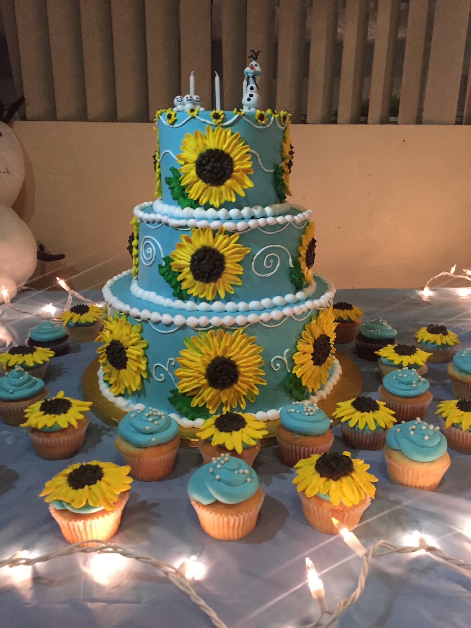 Frozen Sunflower Three-Tier with Cupcakes